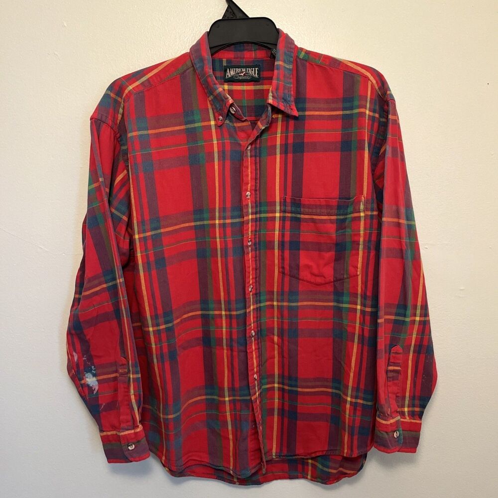 AMERICAN EAGLE OUTFITTERS Vtg 90s Red Cotton Single Stitch Flannel Shirt- XL